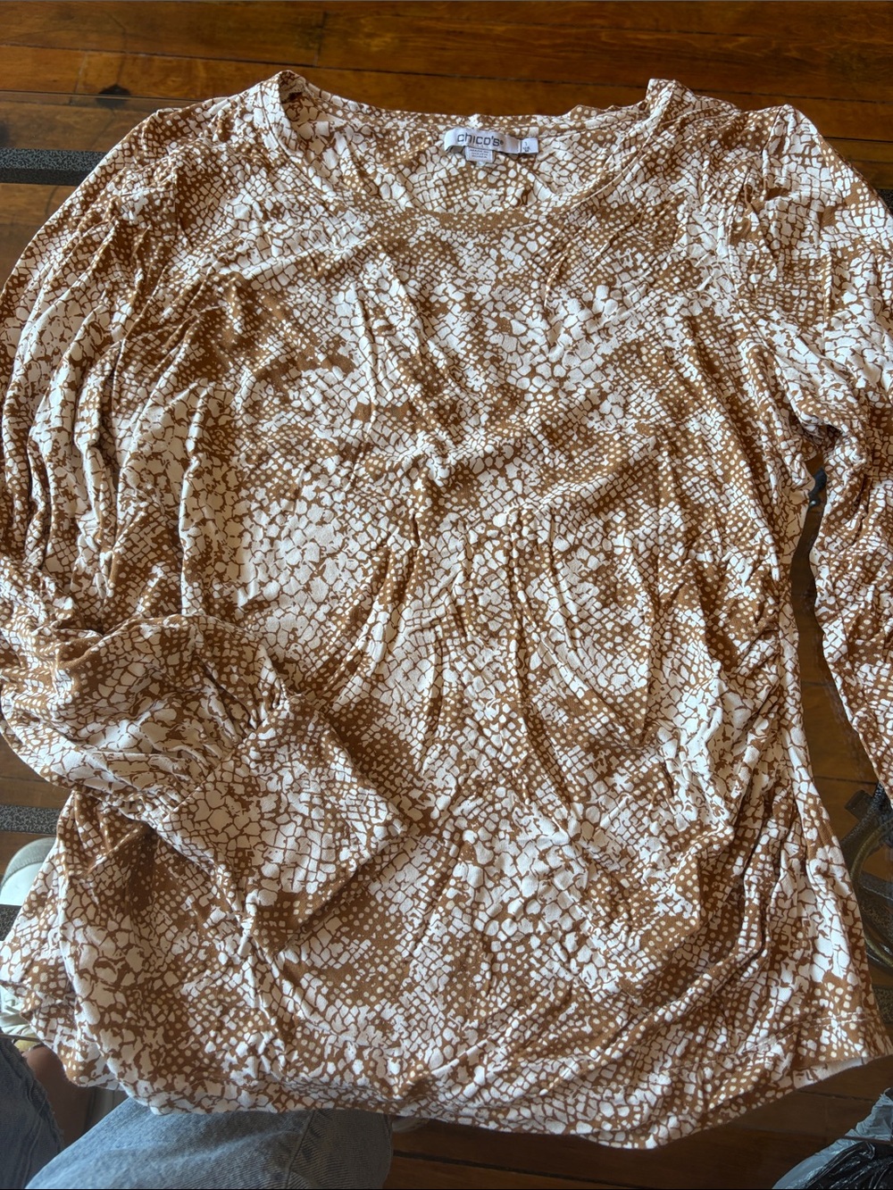 Chico's Brown and White Printed Long Sleeve Blouse